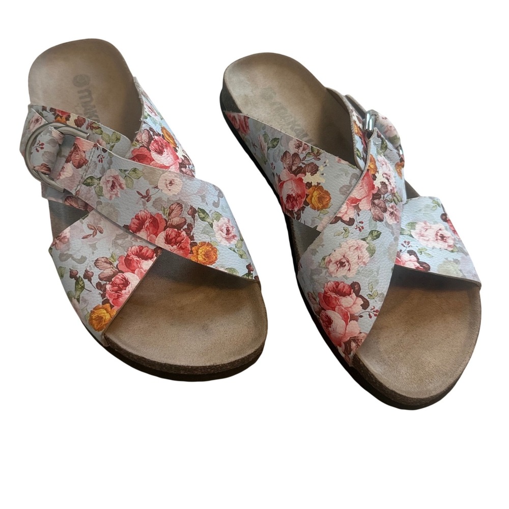 Makalu Floral Criss Cross Sandals Size 7M Boho Cork Footbed Buckle Slide Sandals